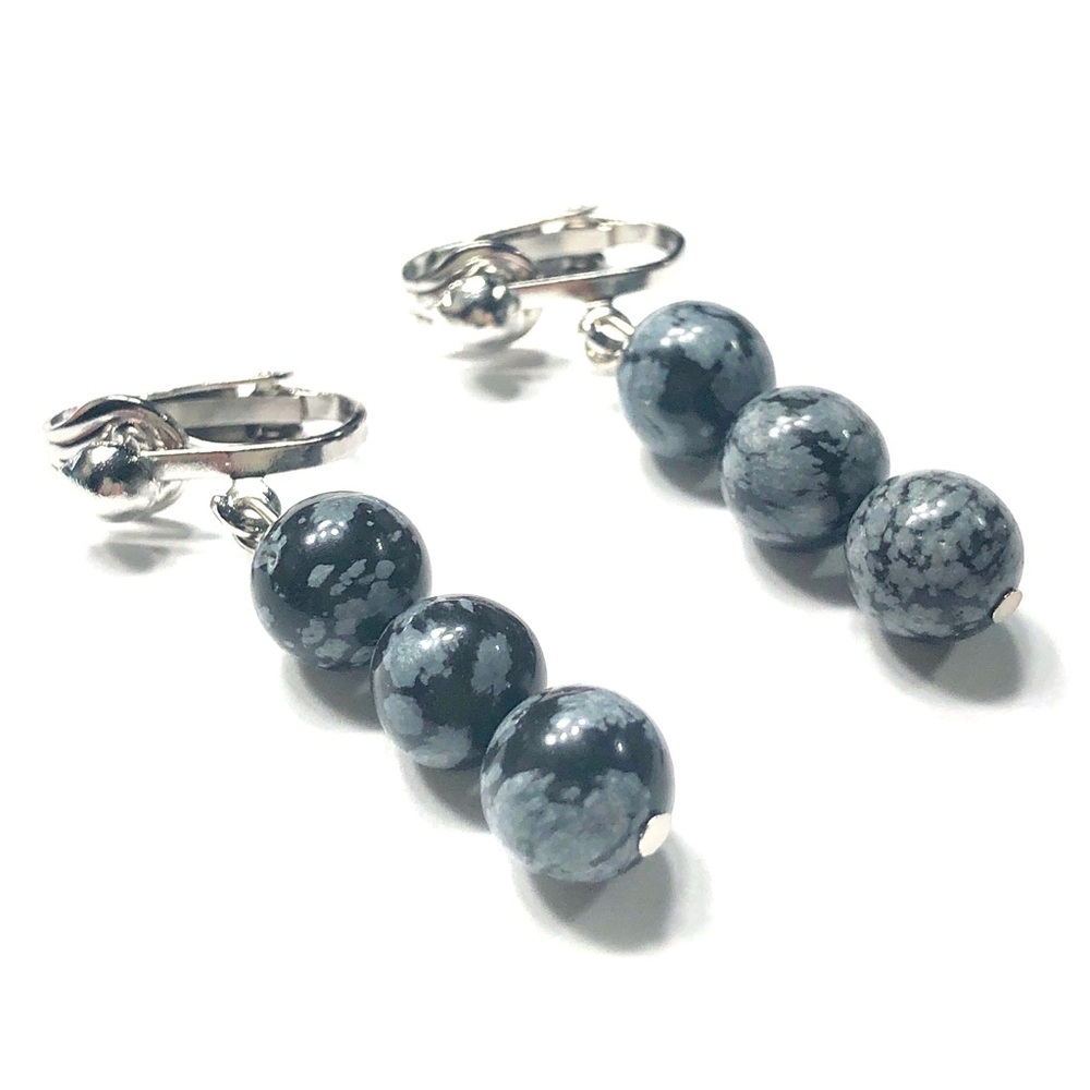 Handmade Black & Grey Jasper Clip-On Earrings Women Gift Anniversary Wedding